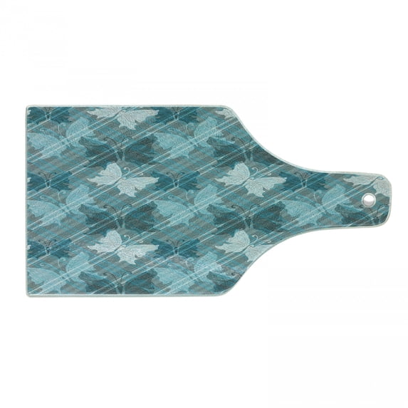Grunge Cutting Board, Butterflies Pattern Checkered Backdrop Animal Spring Season Inspirations, Tempered Glass Cutting and Serving Board, Wine Bottle Shape, Pale Blue Teal Grey, by Ambesonne