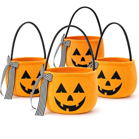Halloween Pumpkin Treat Bags Set of 4, Plush Jack O Lantern Handheld Buckets with Bow Decor, Portable Halloween Candy & Gift Carry Baskets for Holiday Trick-or-Treat, Party Decor