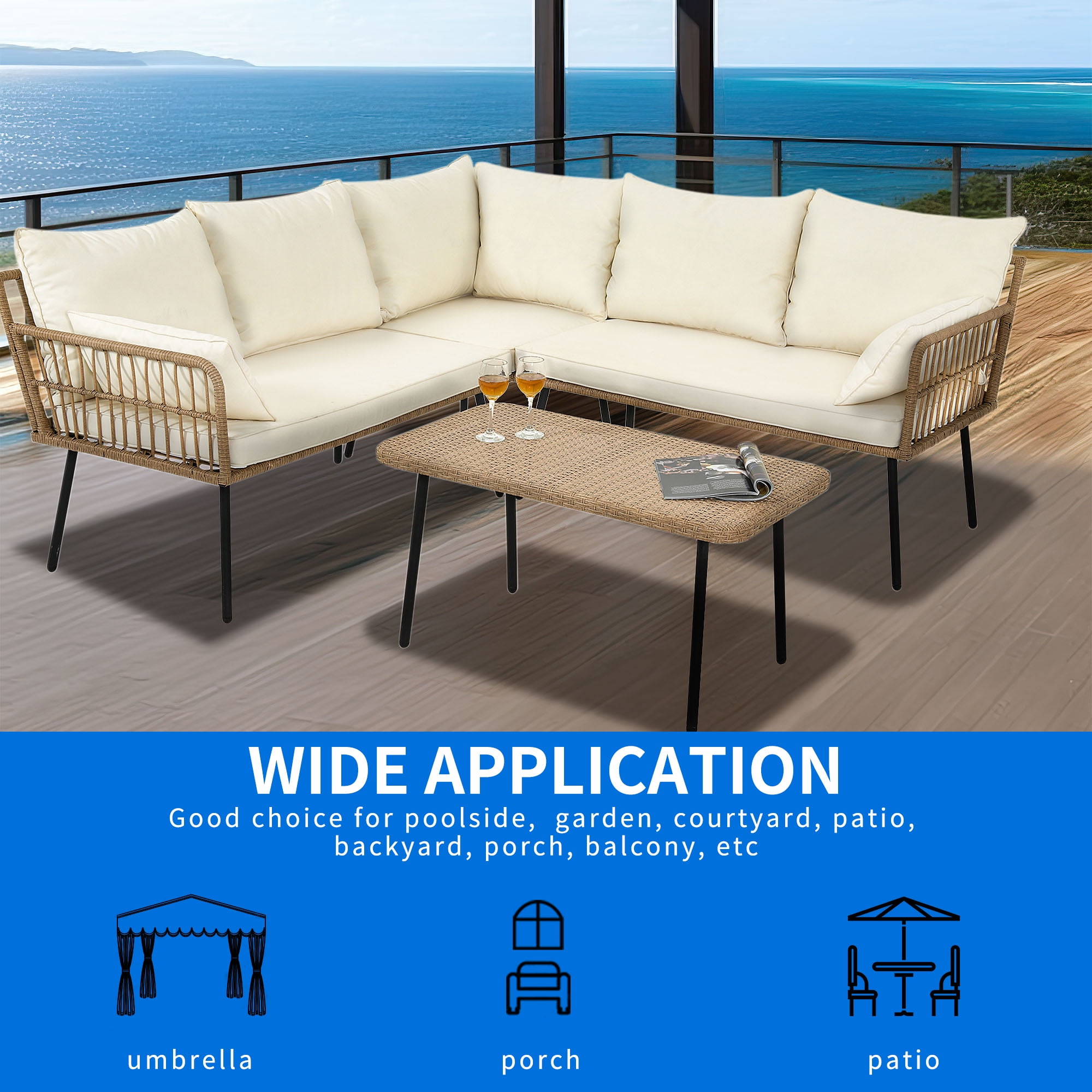 Uforic Patio Conversation Sets,Outdoor Furniture Sofa Set - Club Lounge Chairs Egg Chair,L-Shaped Patio Sofa and Wicker Table & Cushions - Beige