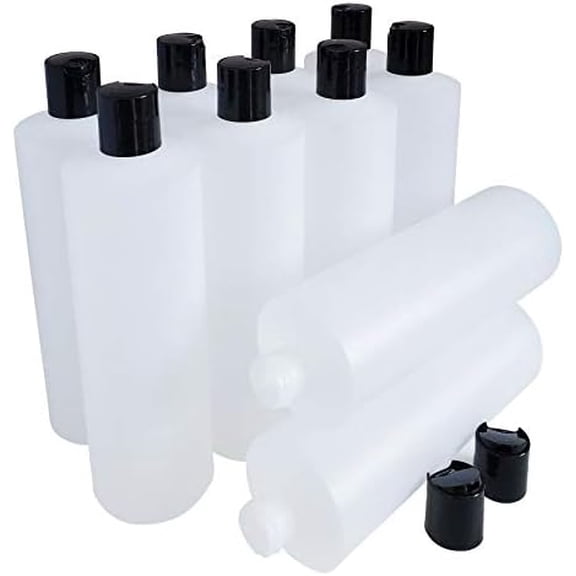 16oz HDPE Durable Squeezable Plastic Bottles with Black Press Disc Top Cap Natural Clear Container for Any Liquid Products, Multi-Purpose Empty Refillable Bottles (Pack of 10)