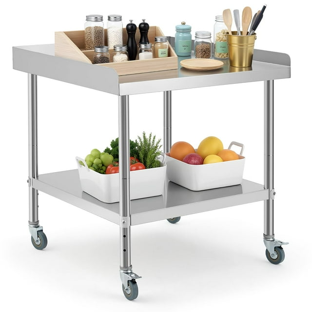 Kojooin Stainless Steel NSF Commercial Work Table 24x24x30 Inch, 400 Lbs Capacity Adjustable Height Legs, 2" Edge Baffle for Restaurant Kitchen Hotel Home