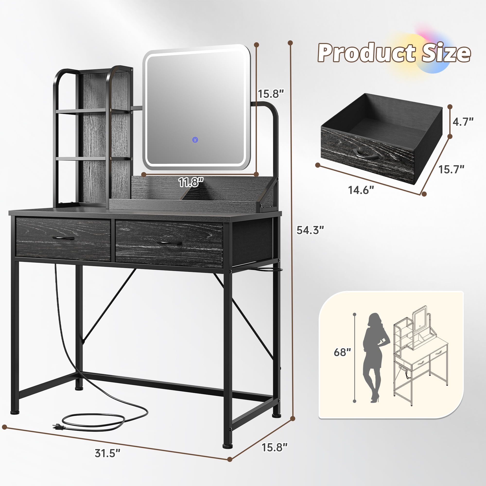 Vanity Desk with Mirror and Lights Makeup Vanity Table with 2 Fabric Drawers & Charge Station & Hair Dryer Rack Dressing Table for Bedroom, Black