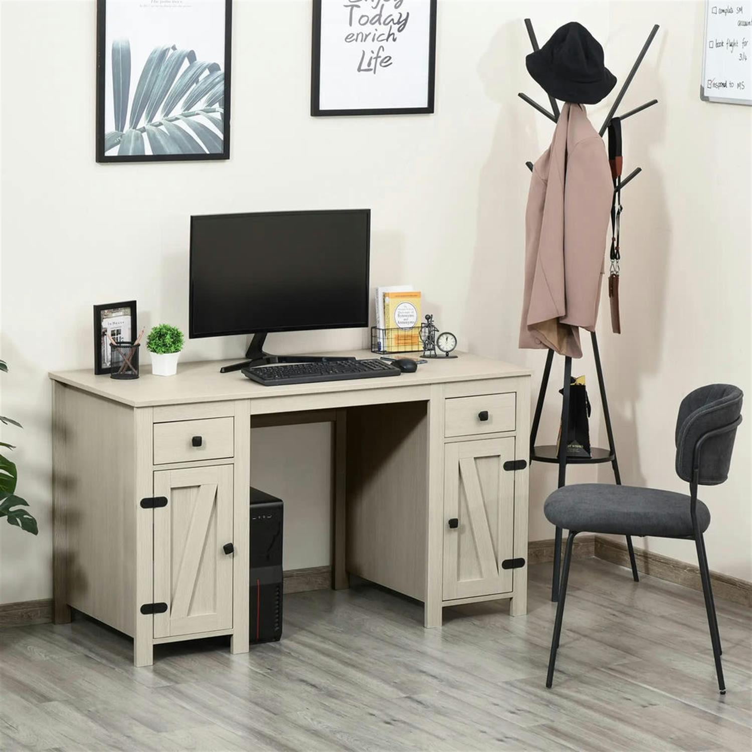 Demi Bonn 52" Modern Office Desk with 2 Drawers and 2 Cabinets, Home Computer Desk for Living Room, Office, Study, Writing Table PC Desks, White