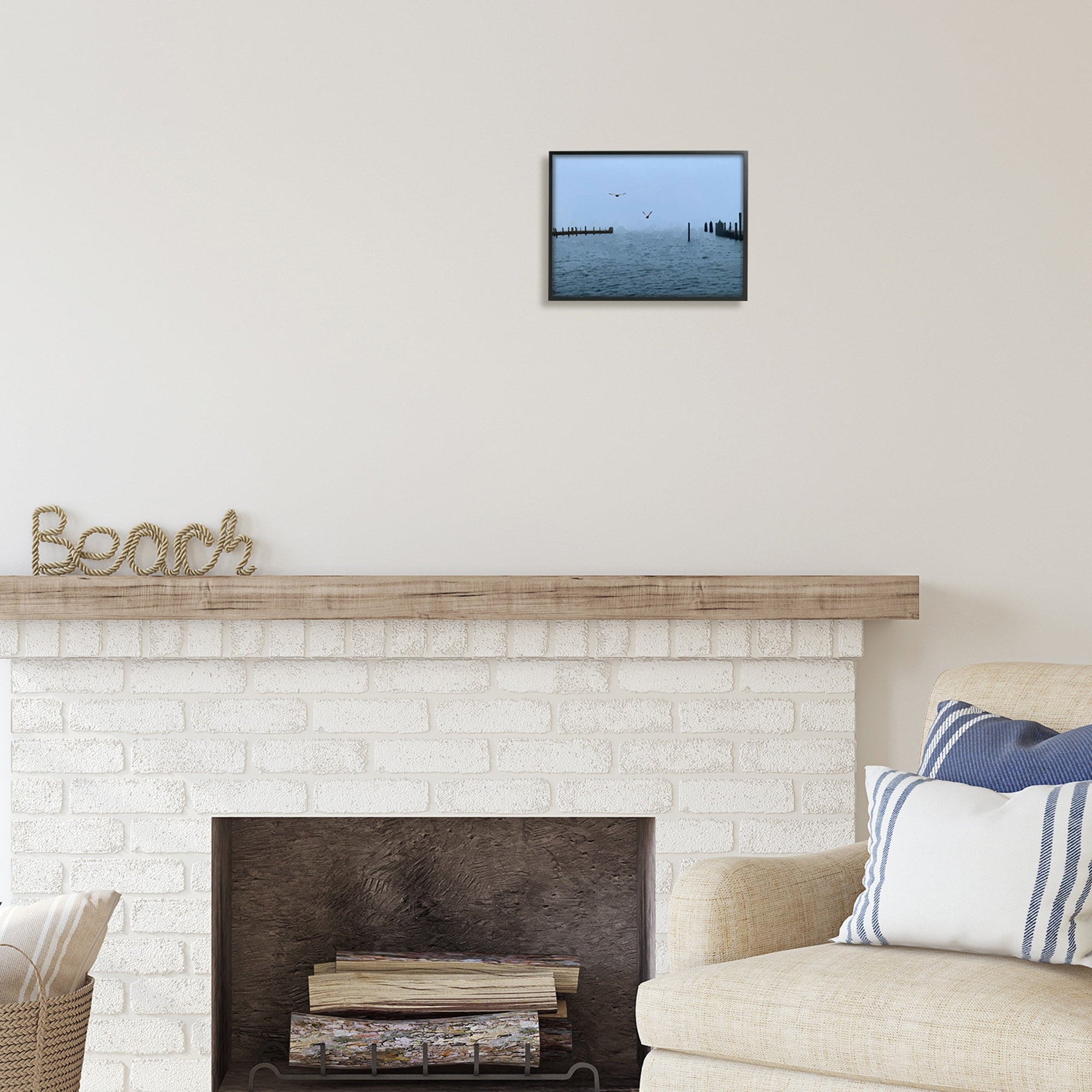 Stupell Industries Seagulls Over Ocean Dock Waters Coastal Photography Black Framed Art Print Wall Art