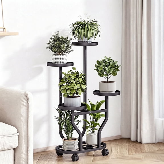 ZHEILFG 5-Tier Metal Plant Stand with Wheels, Indoor Outdoor Flower Holder, Corner Display Rack for Multiple Plants, Ideal for Living Room, Garden & Patio