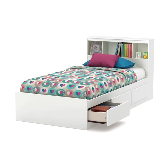 White Twin Mates Bed with Bookcase Headboard & Shelves - 40.5"L x 40.25"W