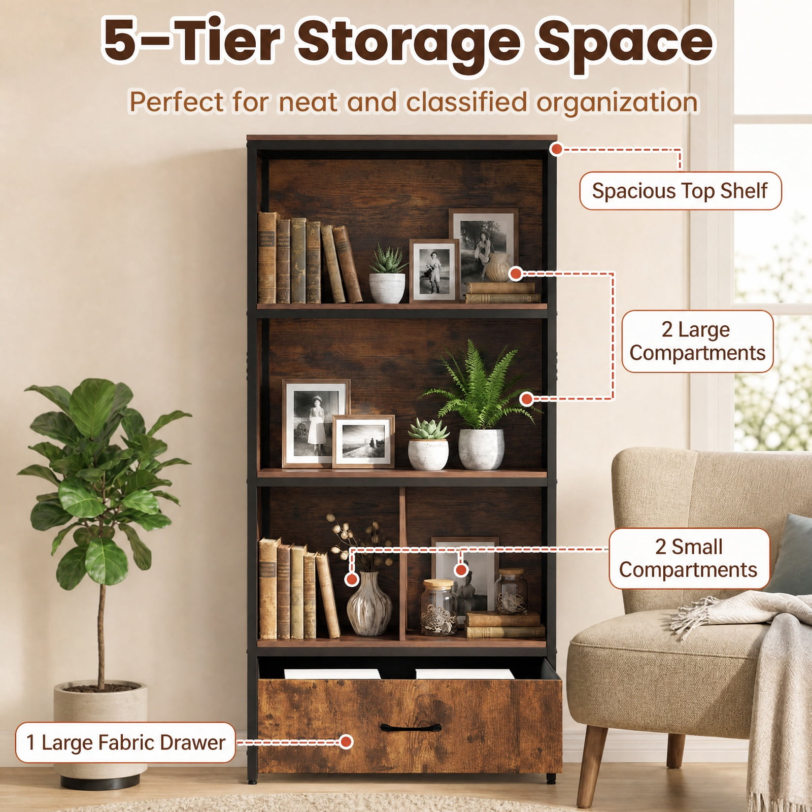Furnibear 56" Tall Freestanding Bookcase with Drawer 5 Tier-RusticBrown for Living Room Home Office Bedroom Display Storage Shelf, Coffee