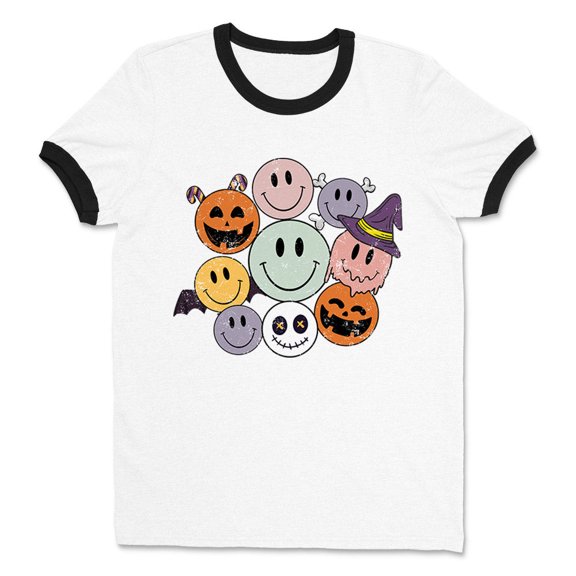 Halloween Smileys Ringer Tee Shirt Unisex Large White/Black