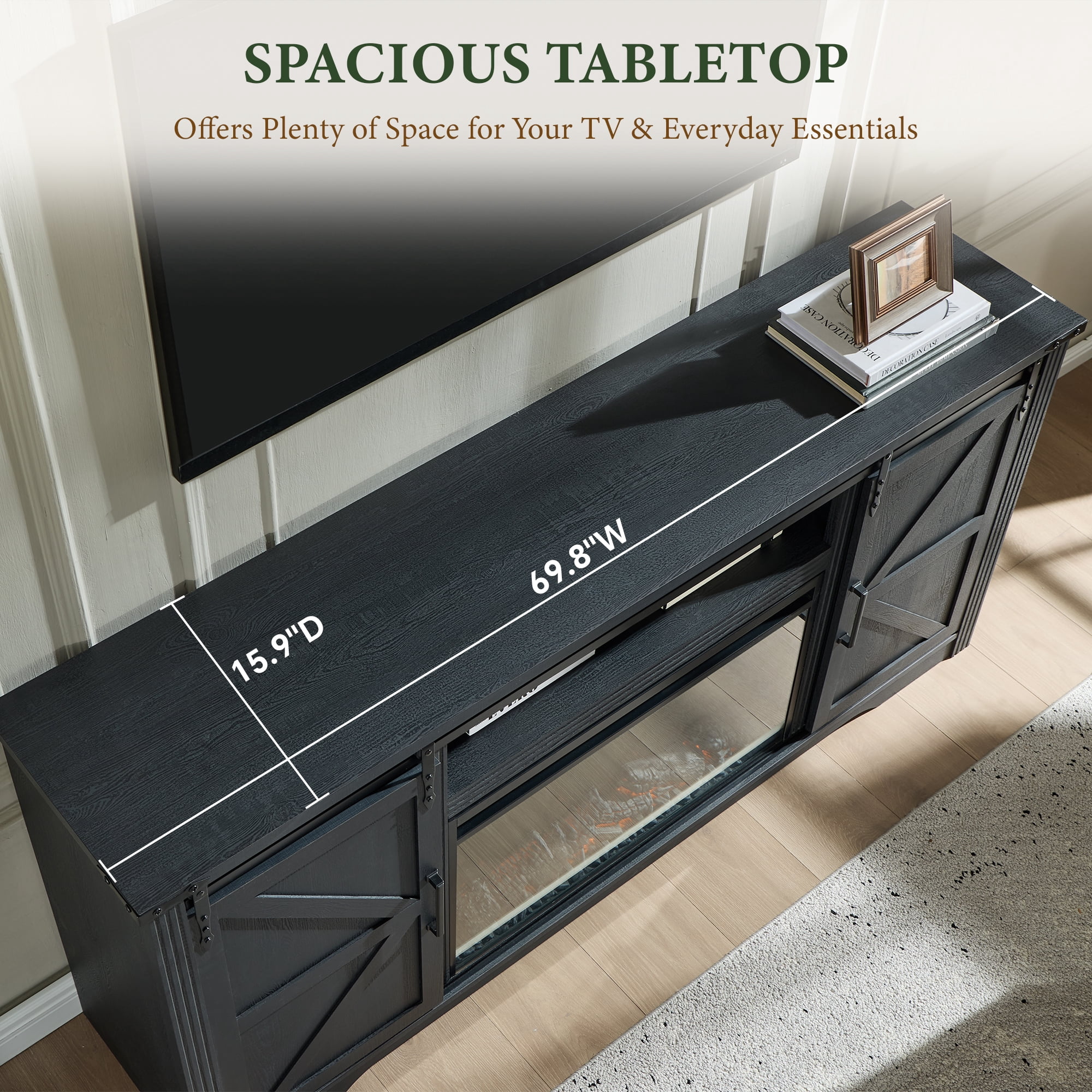 IFMUST Farmhouse Fireplace TV Stand for TVs up to 80", 30" Electric Fireplace & Barn Door