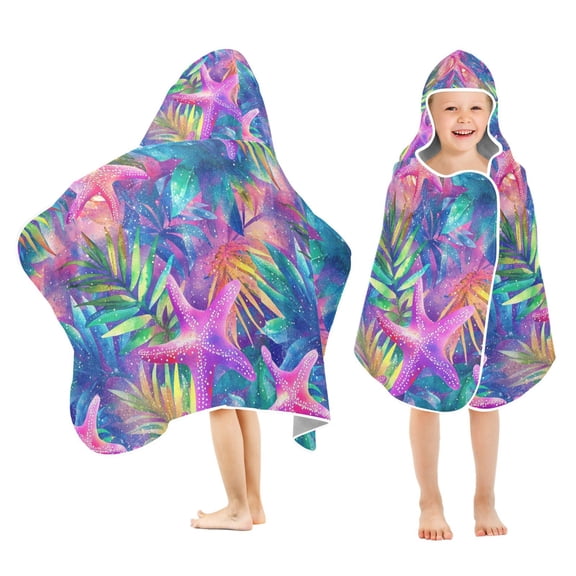 Yayeee Kids Hooded Towel with Hand Pockets Beach Soft Absorbent Bath Wrap 50 x 23.5 inch, Colorful Starfish