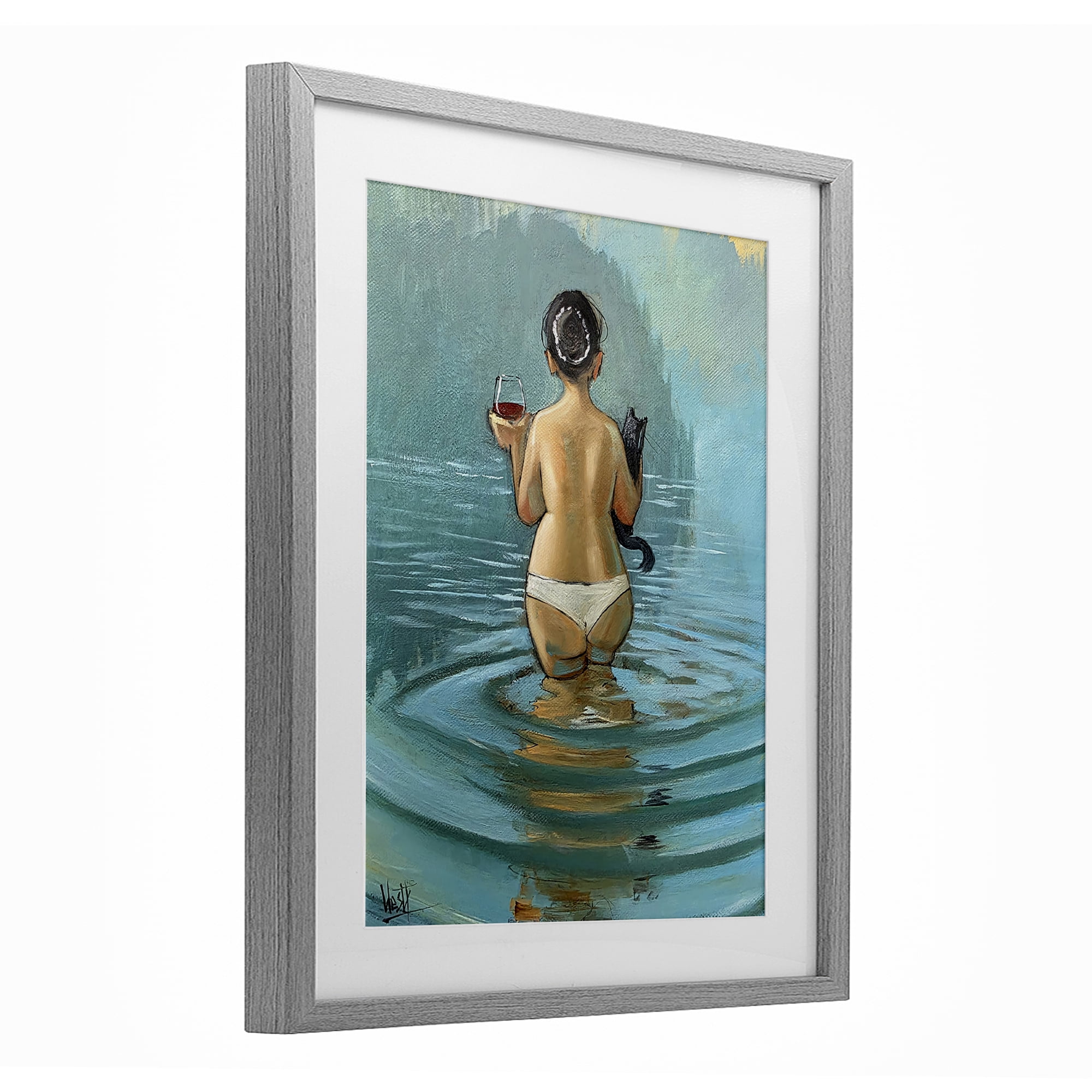 Stupell Industries Cat & Wine Dip At Twilight Gray Framed Print Under Glass, design by Ronald West