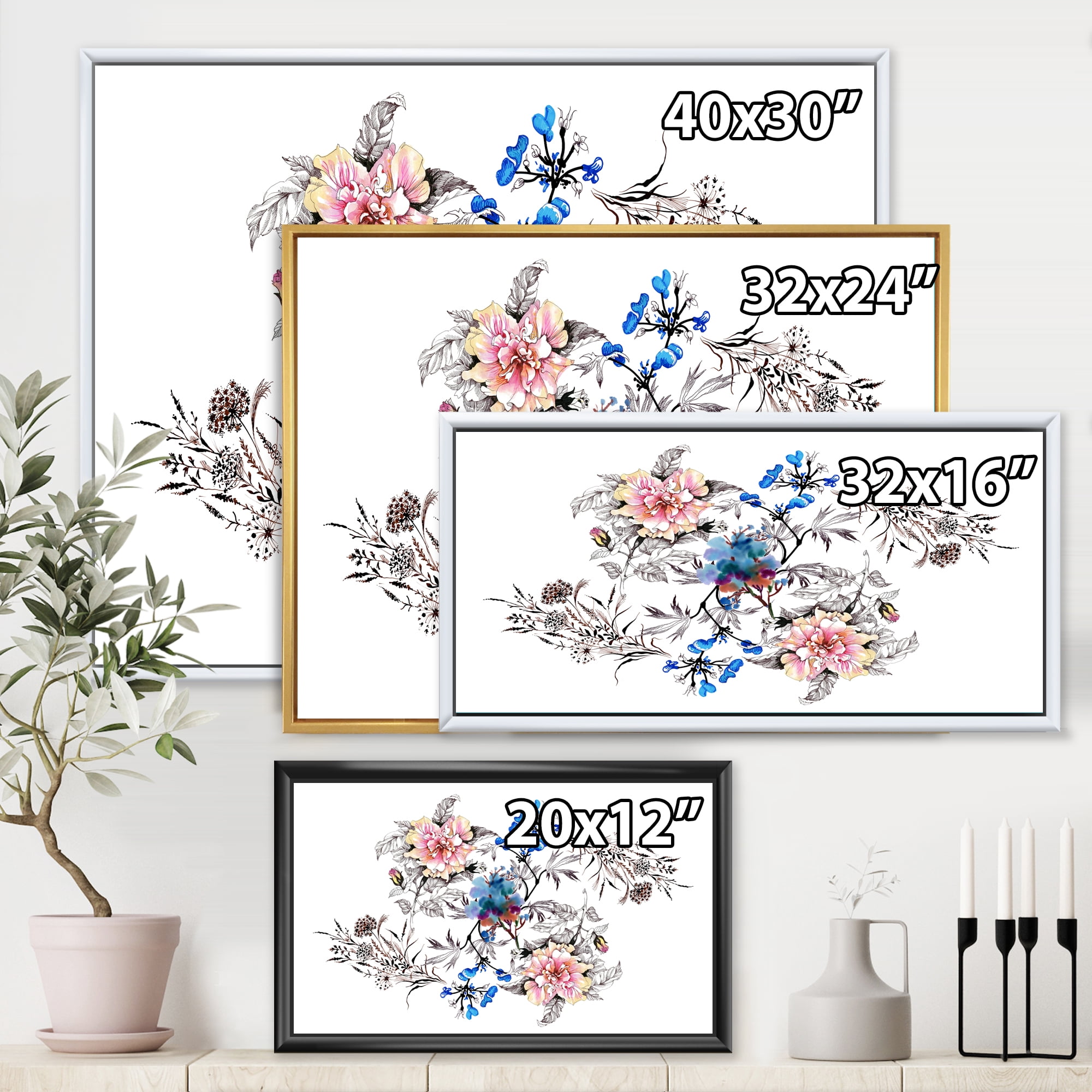 Designart 'Pink and Blue Wildflowers' Traditional Framed Canvas Wall Art Print