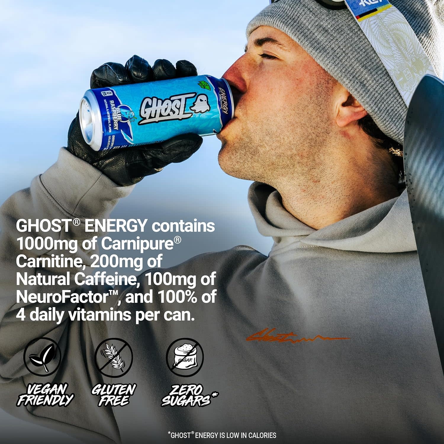 GHOST® ENERGY Zero Sugars Energy Drink, Blue Raspberry, 200mg Natural Caffeine, 16 fl oz Can