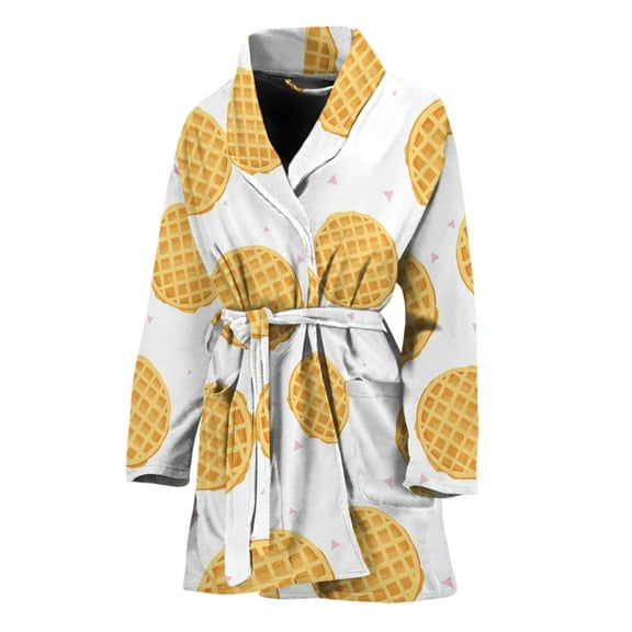 Cute Waffle Pattern Women Bathrobe One Size Univeral Fits, Food Lover Fashion Lightweight Plush Fleece Long Robe For Women