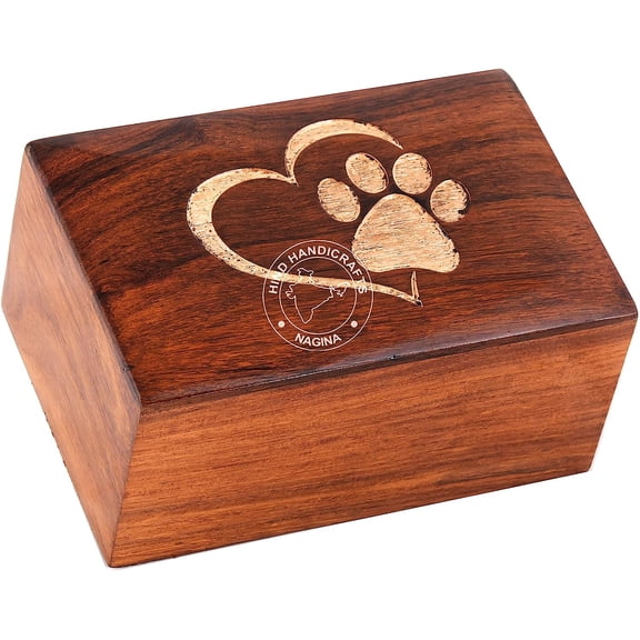 Paw Engraved Rosewood Pet Urn for Dogs Cats Memorial Keepsake Urns for Ashes, Photo Wooden Box Cremation Urn (45 Cubic in, Heart - White)
