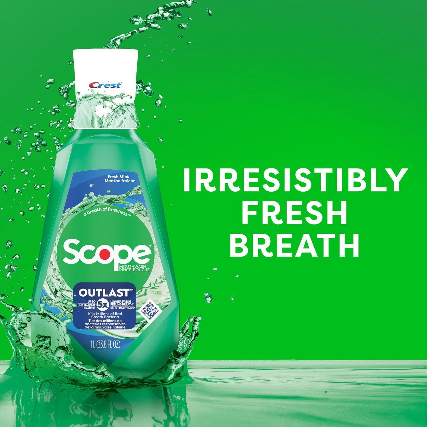 Crest Scope Outlast Mouthwash/Mouth Rinse, Long Lasting Freshness, Kills Millions of Bad Breath Germs, Fresh Mint, 1L
