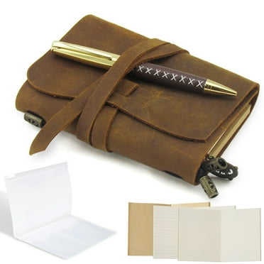 Refillable Leather Travel Journal for Men and Women, Handmade Gift Set with Passport Size Notebook, Holder and Wallet with Stylish Pen, Sketchbook, Planner and Diary (3 Paper Packs) (5.4x4.3")