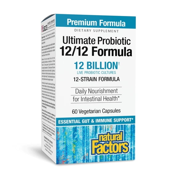 Natural Factors Ultimate Probiotic 12/12 Formula, Daily Probiotic for Ongoing Digestive Support, 12 Strains, 12 Billion CFU, 60 Vegetarian Capsules