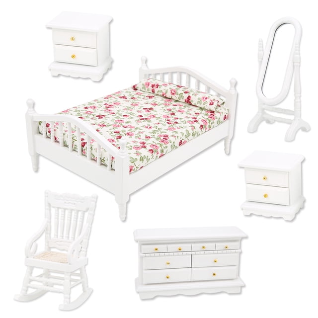 1:12 Mini Muebles Cama Doble Espejo Largo Mesita de Noche Silla Gabinete Accesorios para Casa de Muñecas 6 piezas / Set