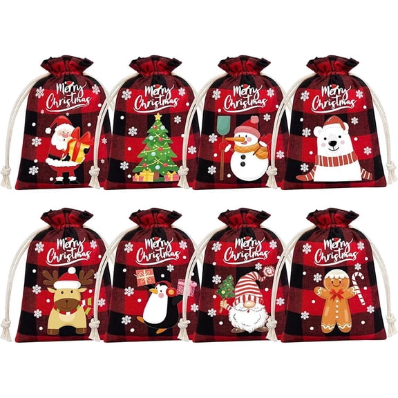 KXBDSFY 8Pcs Cotton Christmas Drawstring Bags Buffalo Plaid Xmas Gift Bags Cotton Xmas Candy Bags Small Christmas Fabric Bags Gift Bags Sacks Reusable Gift Wrapping Bags for Home