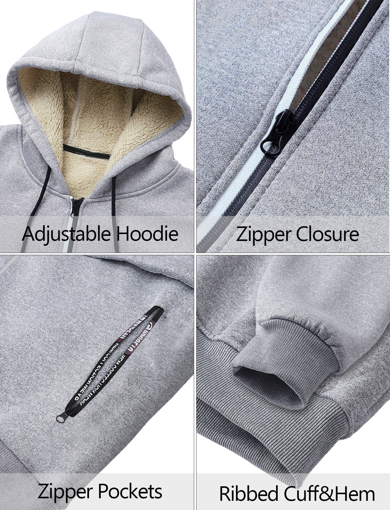 FEOYA Sherpa Lined Hoodies for Men Heavyweight Fleece Jackets Thermal Thick Coat Softshell Outwear Warm winter Sweatshirt with Pockets 2XL Gray