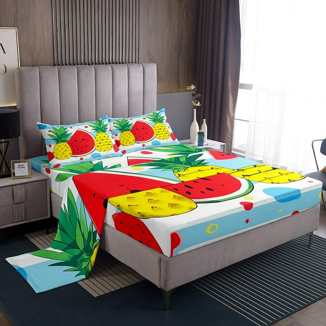 YST Ensemble de Draps Fruits Tropicaux pour Enfants Lit Simple, Draps de Lit Dessin Animé Melon D\'eau Pineapple pour Garçons Filles, Literie Rayures Bleu Blanc Rouge Jaune Été Drap-Housse + Drap Plat + 1 Taie d'Oreiller