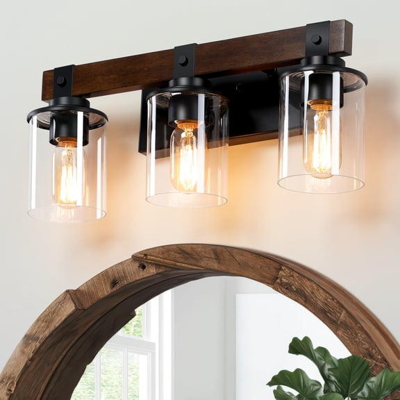 HKMGT Farmhouse Wood Bathroom Vanity Light, E26 Base, Black Industrial Wall Sconce with Clear Glass Shade