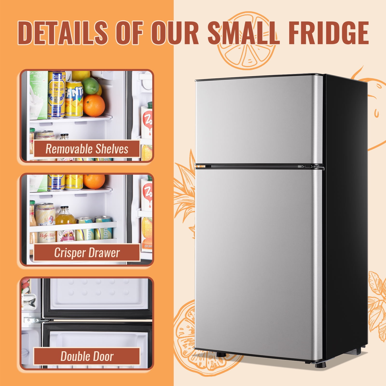 DEMULLER 2.4 Cu.ft Mini Fridge Small Refrigerator with Freezer Removable Shelves Two Door Silver New