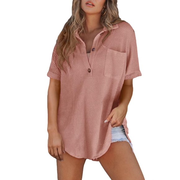 Women Waffle Knit Tops Henley Shirts Short Sleeve V Neck Solid Color Casual Tunic Dark Pink L