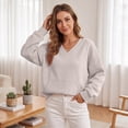 thumbnail image 6 of VV AVEORS Womens V Neck Sweatshirt With Pockets Hoodless Hoodies Fleece Pullover Dressy Casual Loose Fit Long Sleeve Tops Beige 2XL, 6 of 9