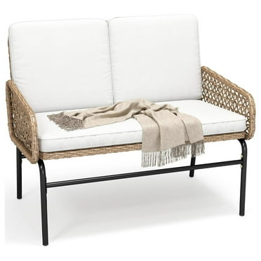 Patio Loveseat Wicker Outdoor Furniture, All Weather Rattan Conversation Loveseat for Backyard, Balcony and Deck with Soft Cushions, Light Brown Beige
