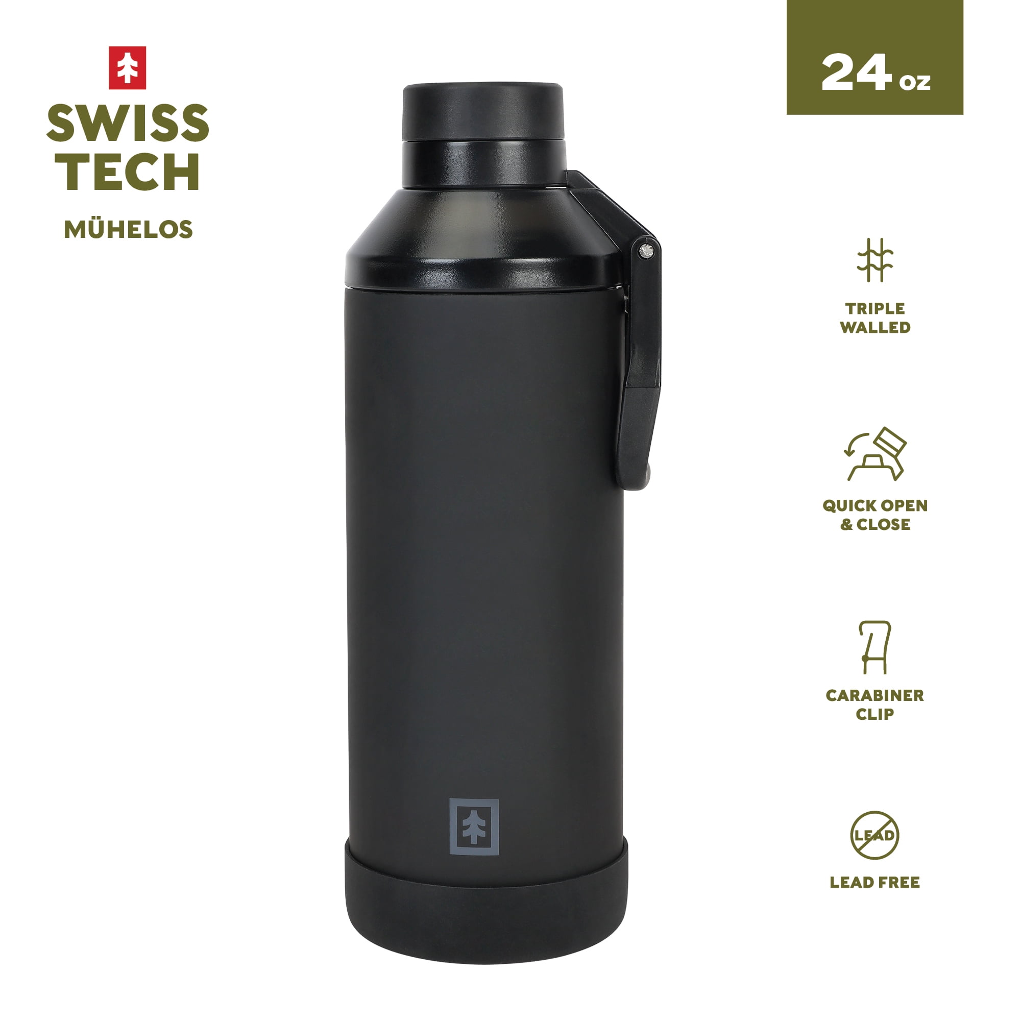 Swiss Tech 24 oz Triple-Walled Stainless Steel Water Bottle, Black, Leakproof Chug Lid with Clip Handle and Silicone Boot