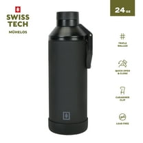 Swiss Tech 24 oz Triple-Walled Stainless Steel Water Bottle, Black, Leakproof Chug Lid with Clip Handle and Silicone Boot
