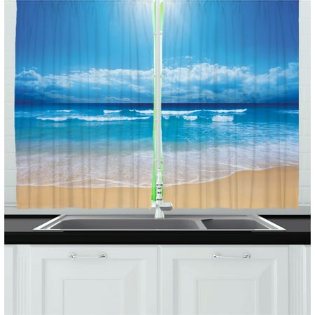 Summer Window Beach Curtains 2 Panels Set, Seascape Theme Landscape of the Beach and the Cloudy Sky in Summer Digital Print, Window Drapes for Living Room Bedroom, 55W X 39L Inches, Sand Brown Blue, by Ambesonne ()