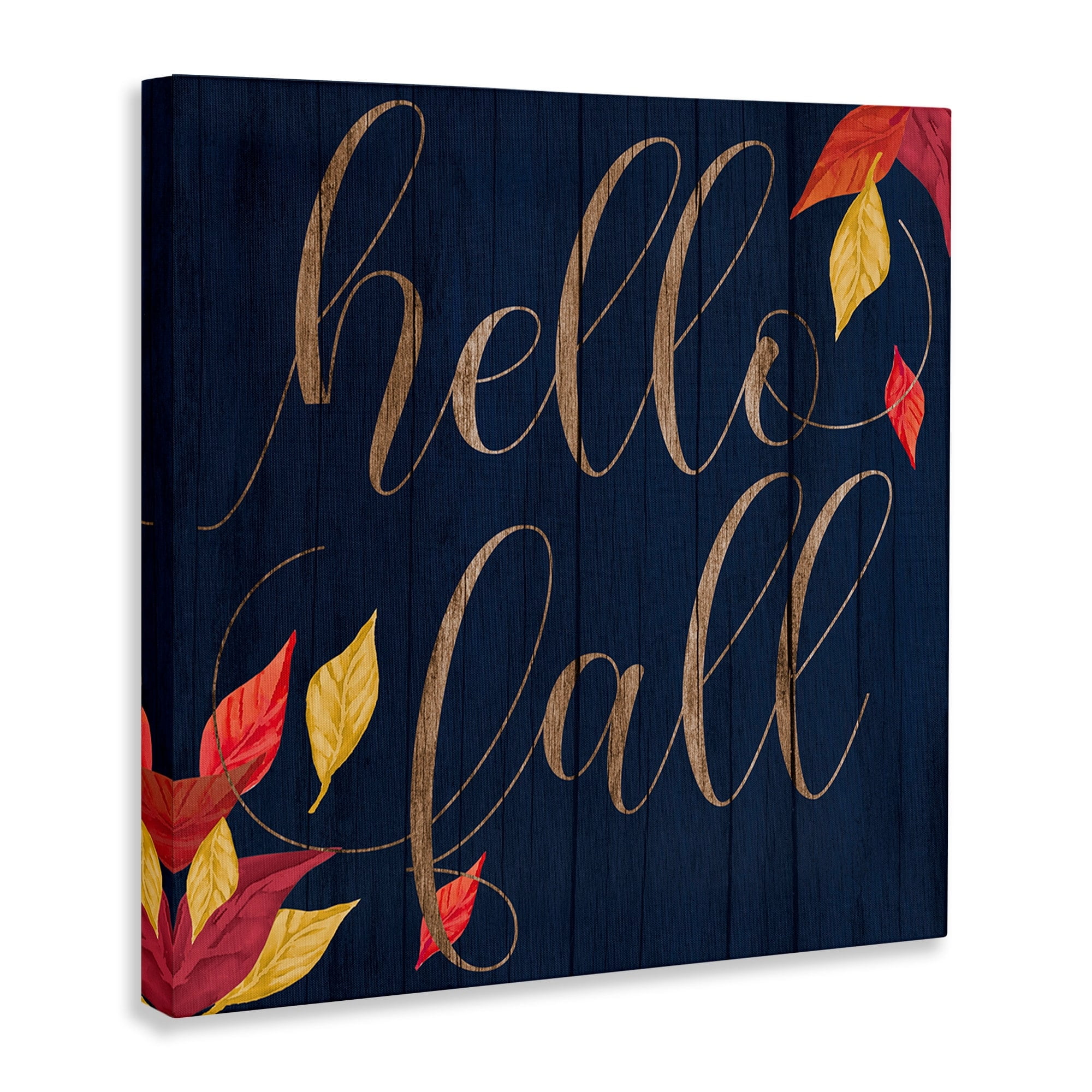 Hello Fall Script Autumn Foliage Border Typography Gallery-Wrapped Canvas Print Wall Art, 17x17