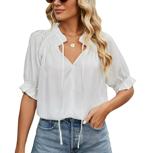 Blusa con cuello en V con cordón Media manga Color puro Camisa informal elegante y transpirable para mujer para citas Blanco L
