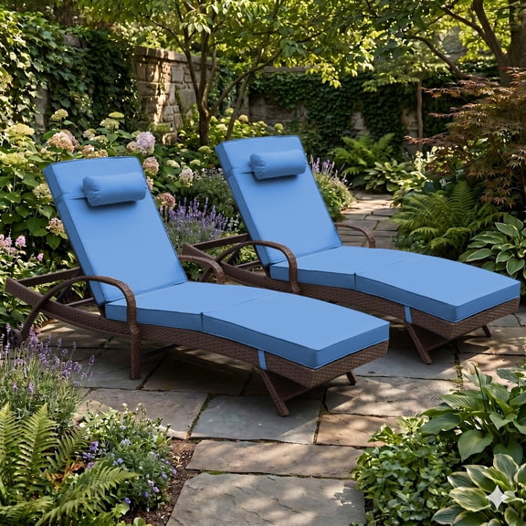 NOBLEMOOD Outdoor Chaise Lounge Set of 2, Blue Wicker Patio Lounge Chair w/ Wheels & Thick Cushions for Outside Pool