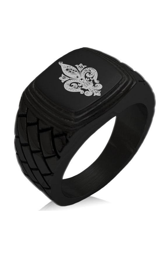 Stainless Steel Crown Fleur De Lis Geometric Pattern Step-Down Biker Style Polished Ring