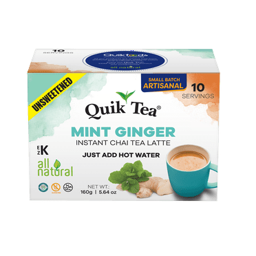 Quik Tea Unsweetened Mint (Pudina) Ginger Chai Tea Latte - 10 Count Single Box - All Natural & Preservative Free Single Serve Pouches of Authentic Instant Chai Tea - Just Add Hot Water!