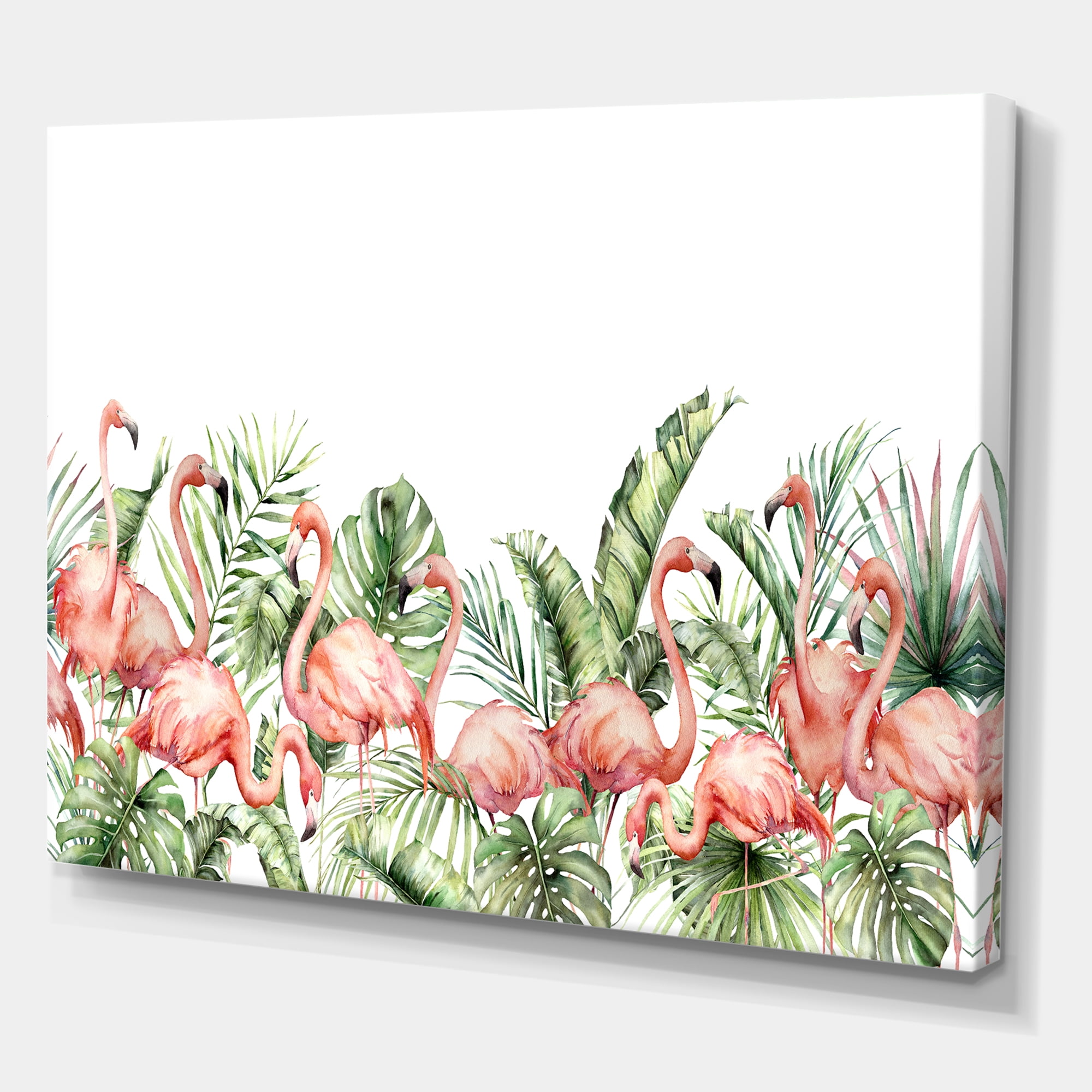 Designart ' Palm Leaves and Pink Flamingos Tropical Birds ' Traditional Canvas Wall Art Print