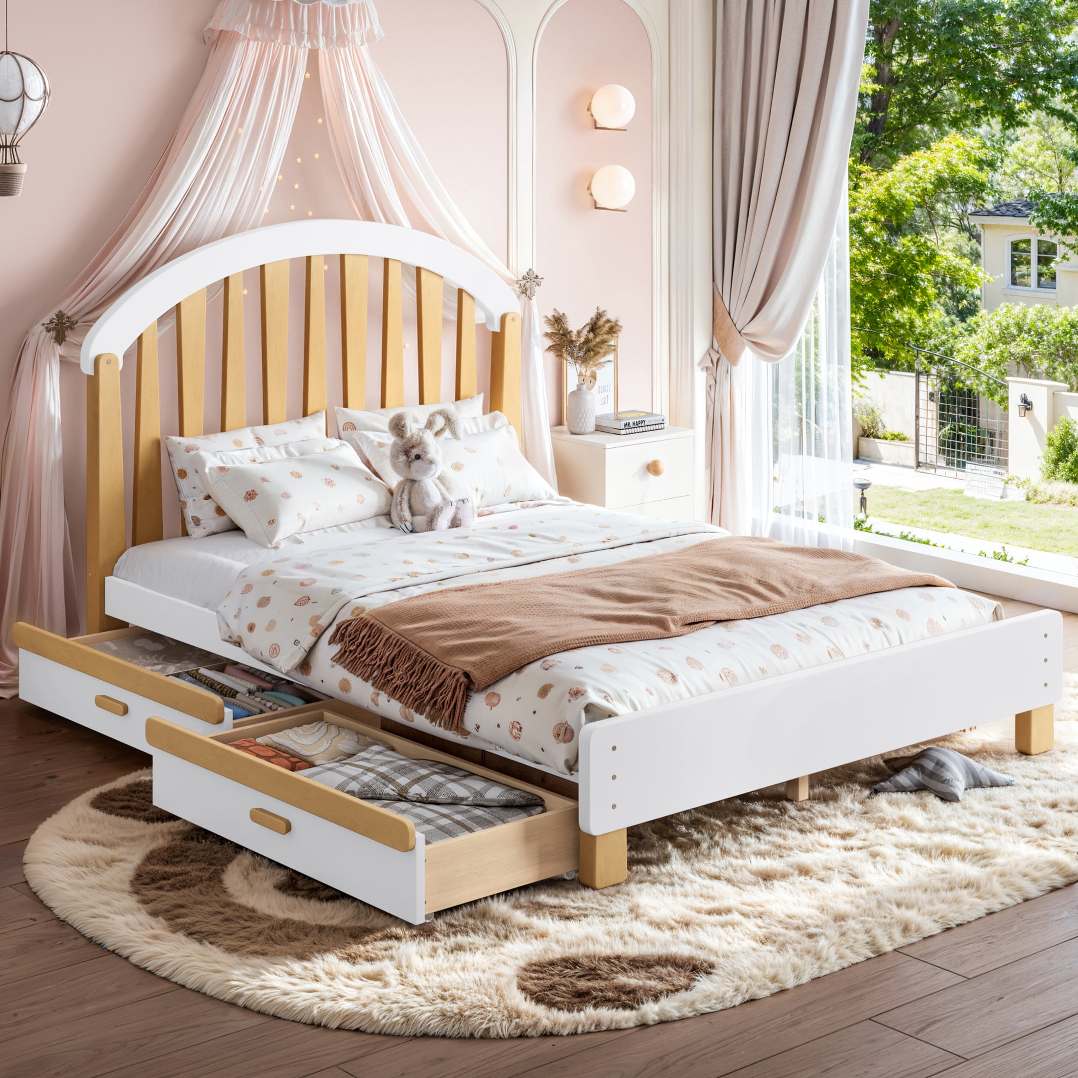 GDF Studio Full Size Platform Bed with Storage Drawers, Round Headboard, No Box Spring Needed, White+Natural