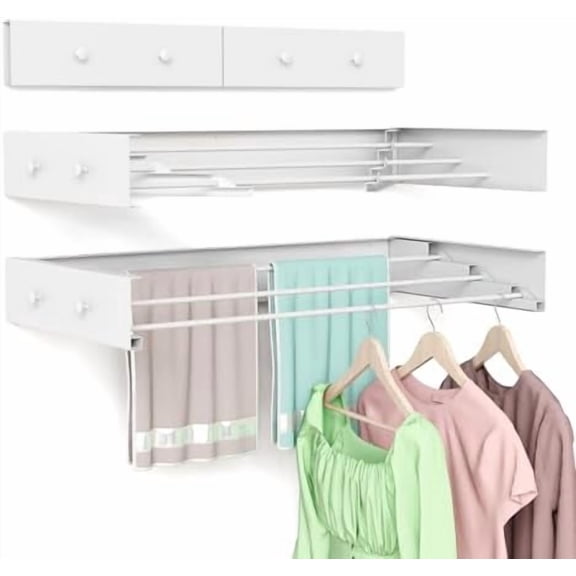 Wall Mounted Drying Rack for Laundry 19.8'', Folding Drying Rack Clothing Wall Mount with 3 Rods and 4 Hooks, Space Saving for Indoor Outdoor Bathroom Balcony (White, 19.8'')