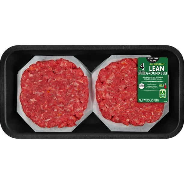 All Natural* 93 Lean/7 Fat Lean Ground Beef Patties, 4 Count, 1 lb Tray