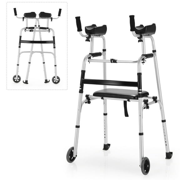 Costway Foldable Aluminum Alloy Walker Wheel Walking Frame with Seat & Armrest Pad