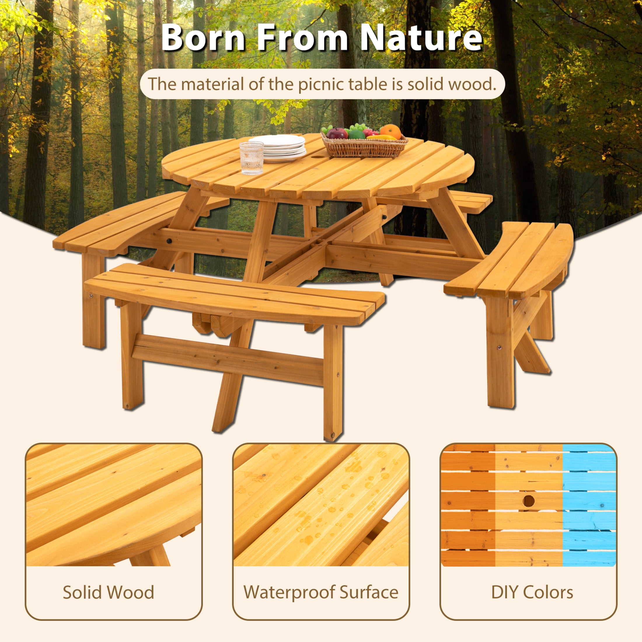 Noble House Isolde 8-Seat Circular Picnic Table with Built-in Benches and Umbrella Hole, Outdoor Fir Wood Set, Natural