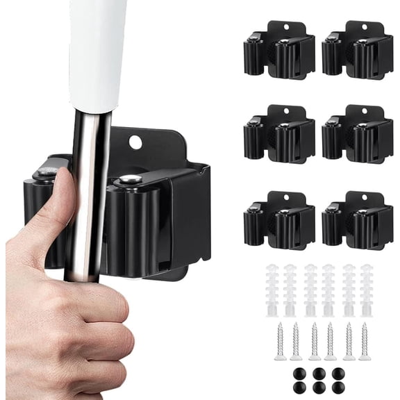 6 PCS Heavy Duty Broom and Mop Holder – Stainless Steel Garden Tool Organizer Rack for Rakes, Shovels & Long-Handled Tools – Wall Mounted Hanger with Screws Included, Matte Black