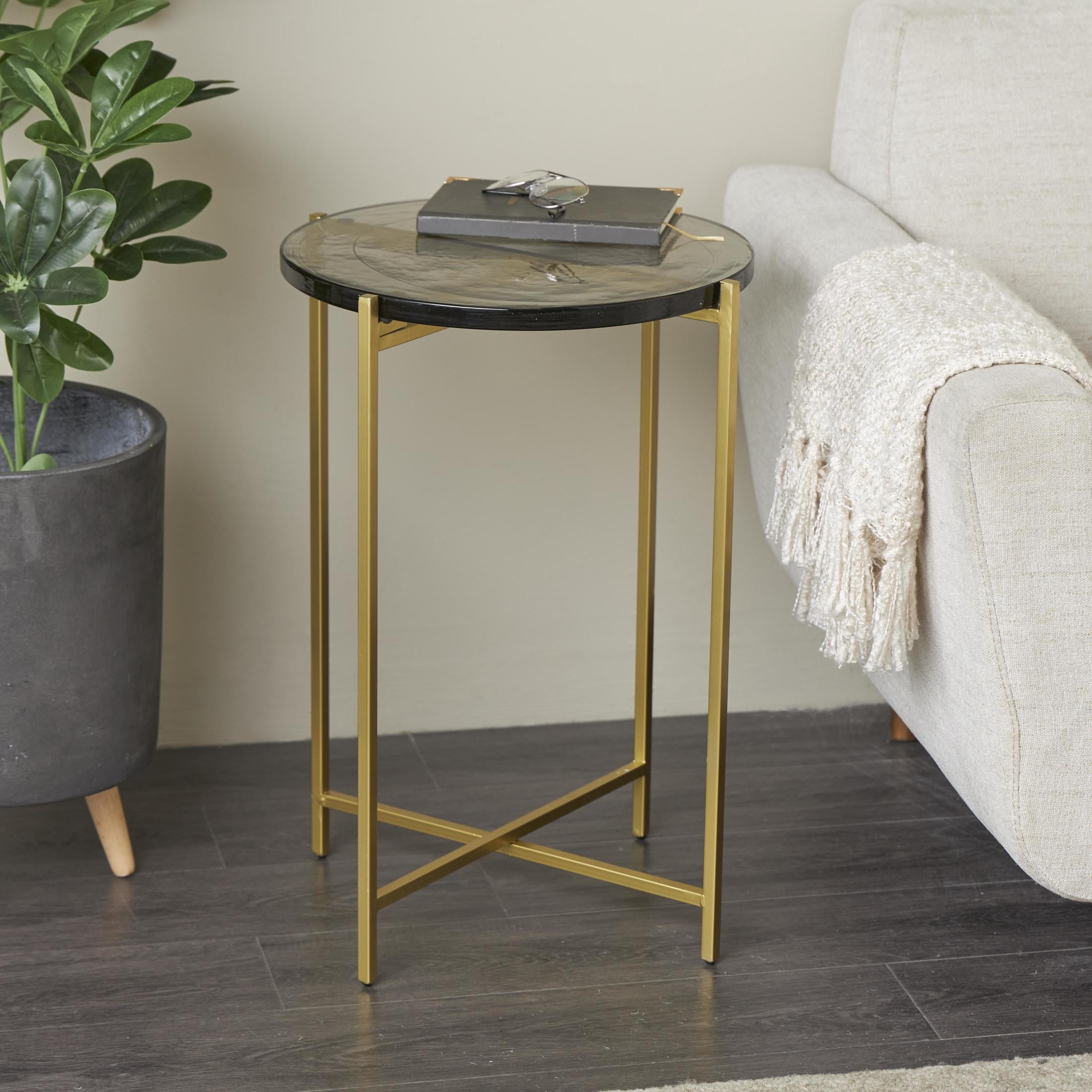 DecMode 16" x 24" Gold Metal X-Shaped Accent Table with Textured Glass Tabletop, 1-Piece