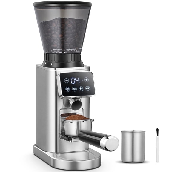 Sunmaki Electric Burr Coffee Grinder, 24 Grind Settings, LED Control Panel, Anti-Static Design, Silver