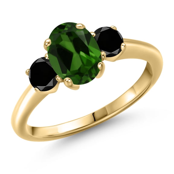 Gem Stone King 10K Yellow Gold Green Chrome Diopside and Black Diamond Engagement Ring for Women | 1.74 Cttw | Oval 8X6MM | Gemstone Birthstone | Size 6