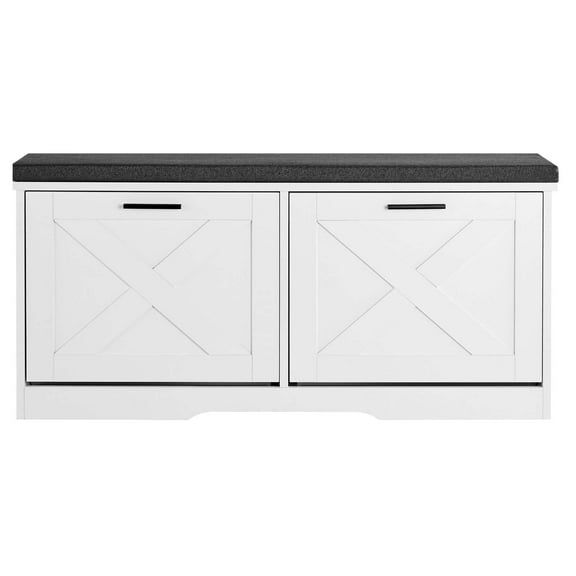 KFFKFF Entryway Shoe Storage Bench, 39.4 x 12.0 x 18.7 Inch Organizer with Flip Drawers, 440lbs Capacity Shoe Rack Bench with Cushion & Flip Doors, for Hallway, Living Room, Bedroom, Black and White